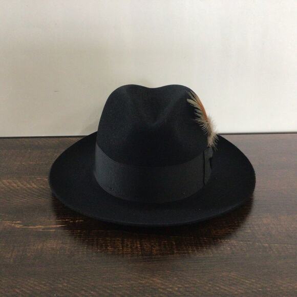 Stetson Temple Royal DeLuxe Fur Felt Hat Black Size 6 7/8 Feather Accent - Picture 3 of 7